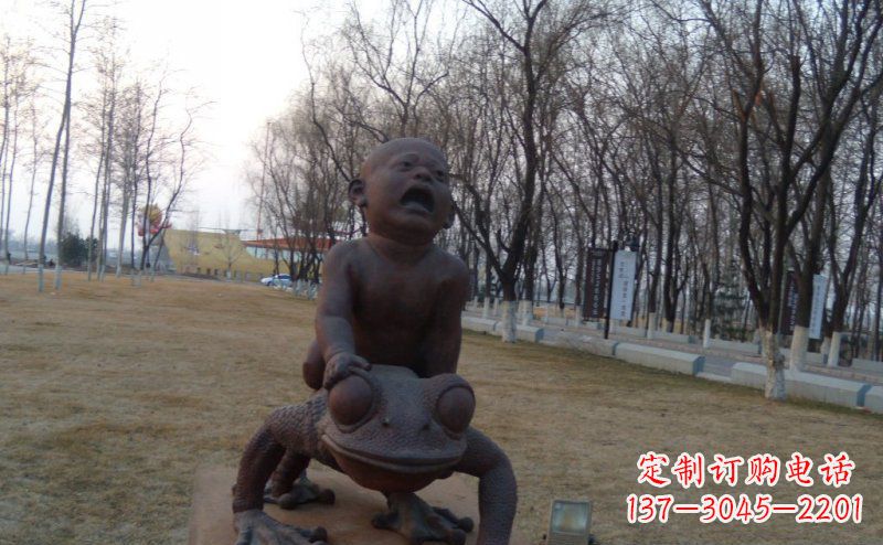 温州公园骑青蛙的小孩景观铜雕