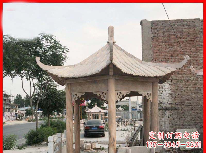 温州公园晚霞红六角石凉亭雕塑