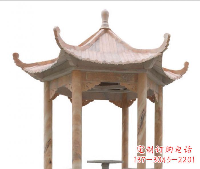 温州美丽而优雅的公园晚霞红六角石凉亭雕塑