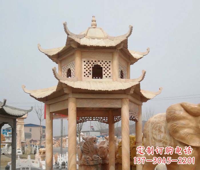 温州红双层六角石凉亭雕塑