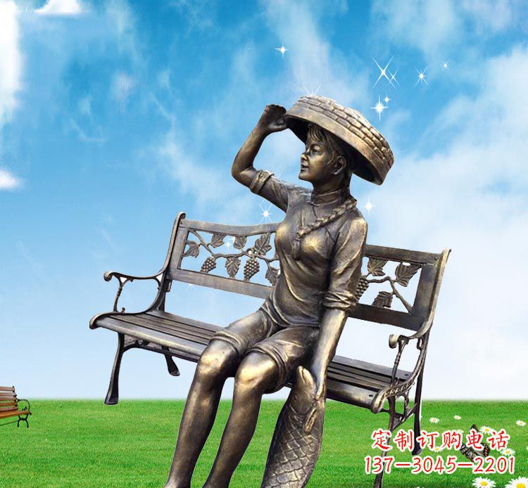 温州公园座椅拿鲤鱼的女孩铜雕
