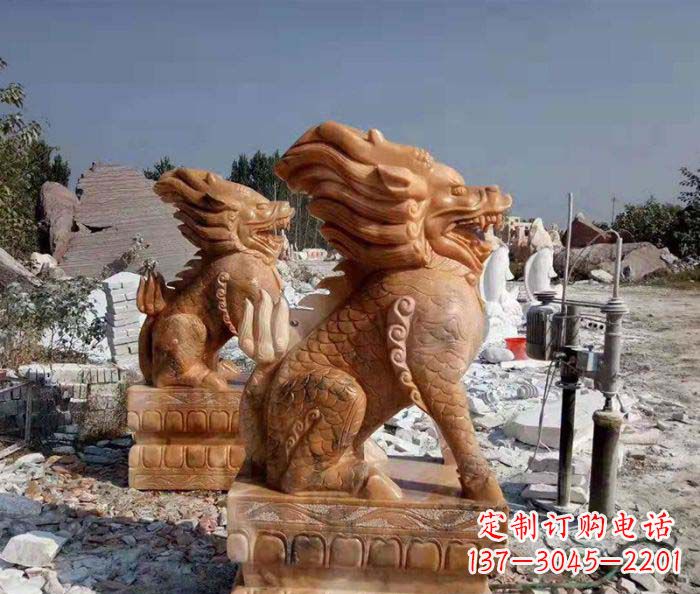 温州古代神兽晚霞红石雕麒麟