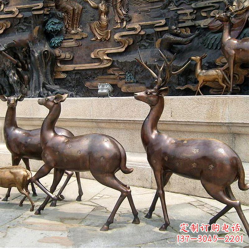温州古铜色梅花鹿铜雕精美塑型
