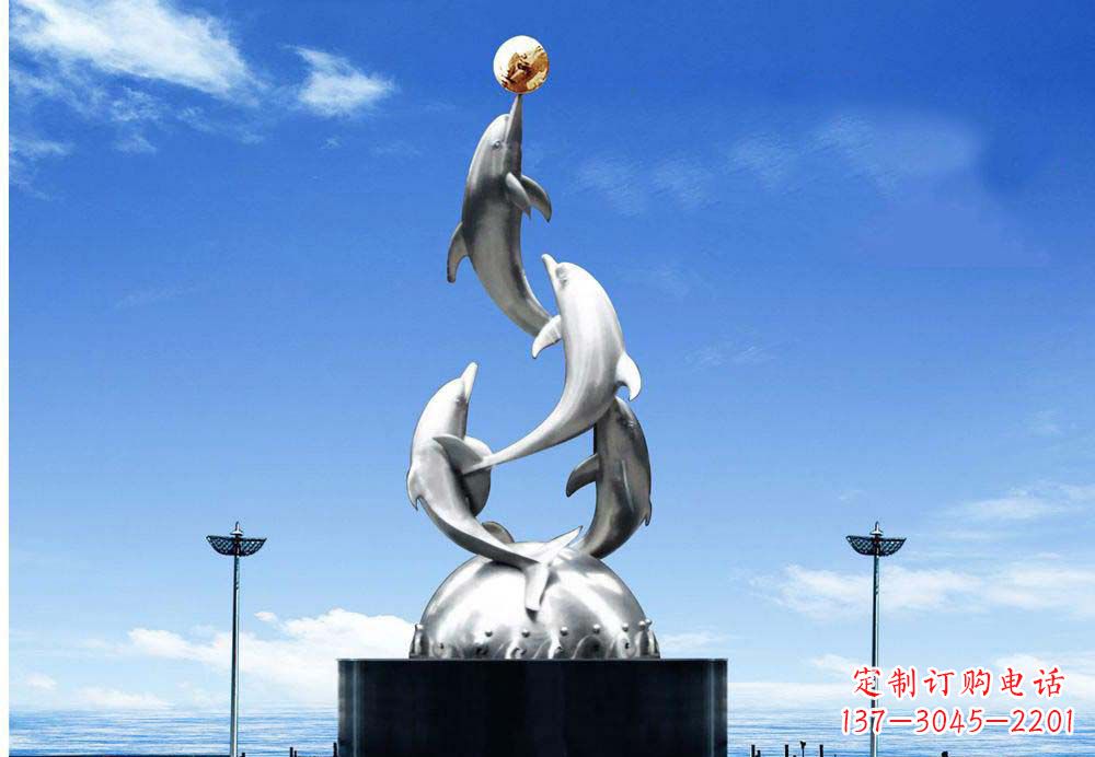 温州广场不锈钢海豚顶球雕塑