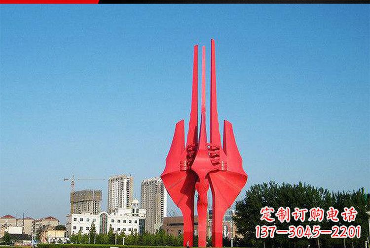 温州广场红色不锈钢树叶雕塑
