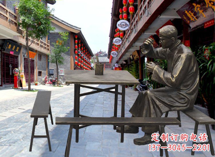 温州广场铜雕店小二喝茶小品人物雕塑