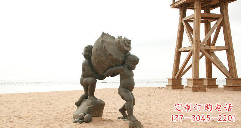 温州海边抬着海螺的小男孩景观雕塑