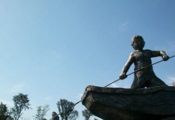 温州男孩撑船铜雕，营造童趣氛围