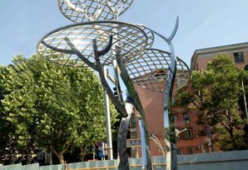 温州广场抽象网格不锈钢树雕塑