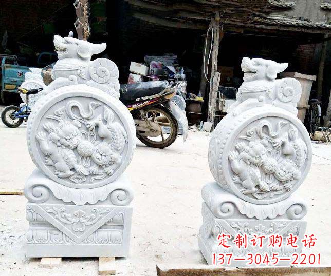 温州汉白玉抱鼓石招财石门墩石雕