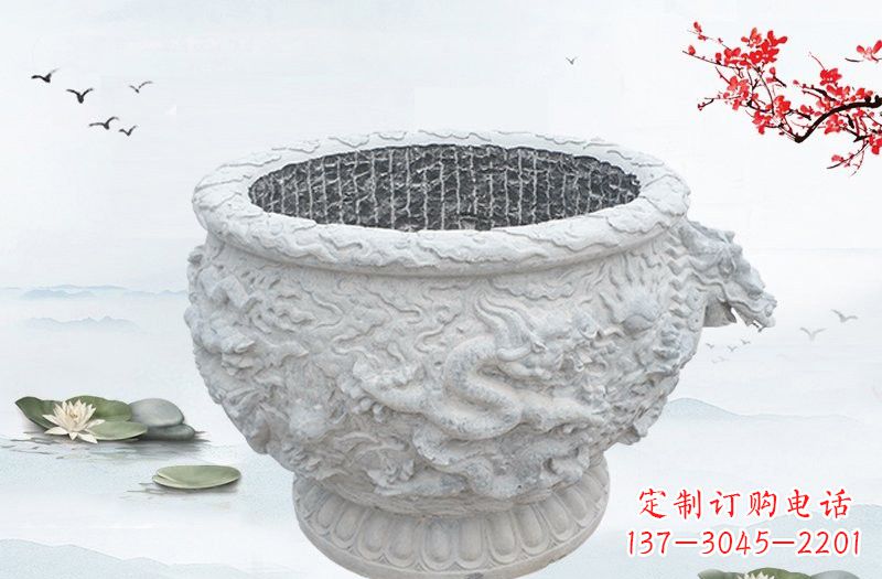 温州汉白玉龙浮雕水缸，传承传统经典