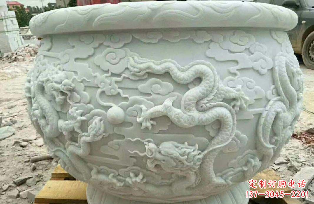温州汉白玉龙浮雕水缸雕塑