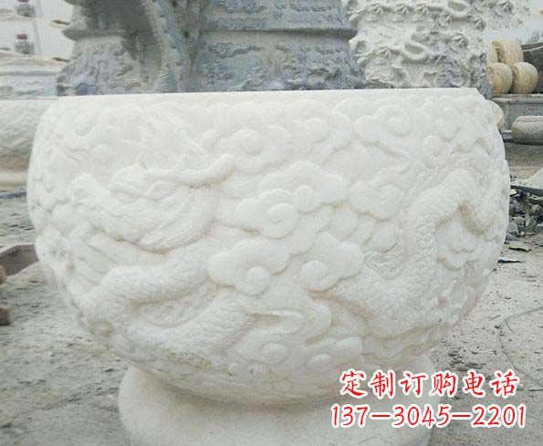 温州汉白玉龙浮雕招财水缸,让你家居多一份福气