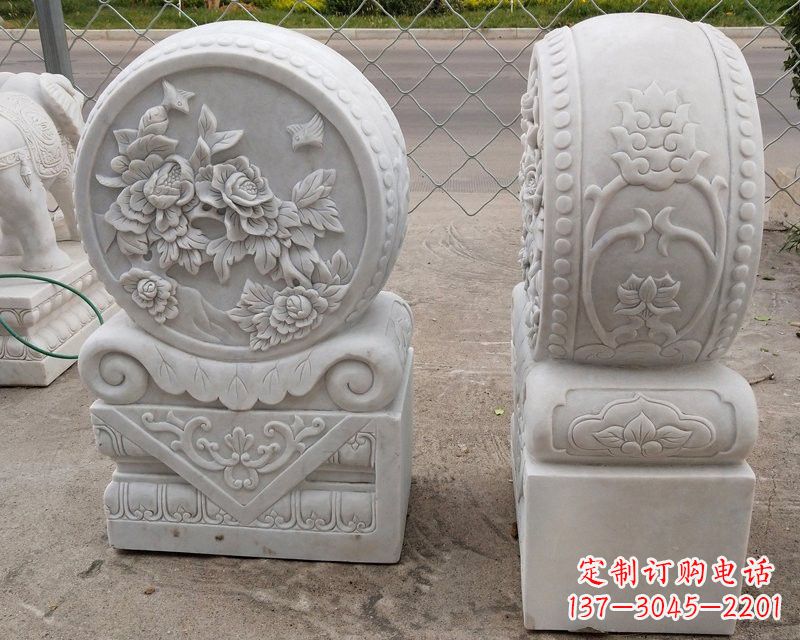 温州汉白玉牡丹花门墩雕塑