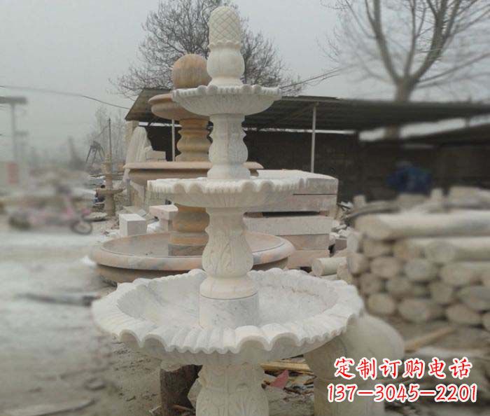 温州汉白玉三层别墅小型喷泉石雕
