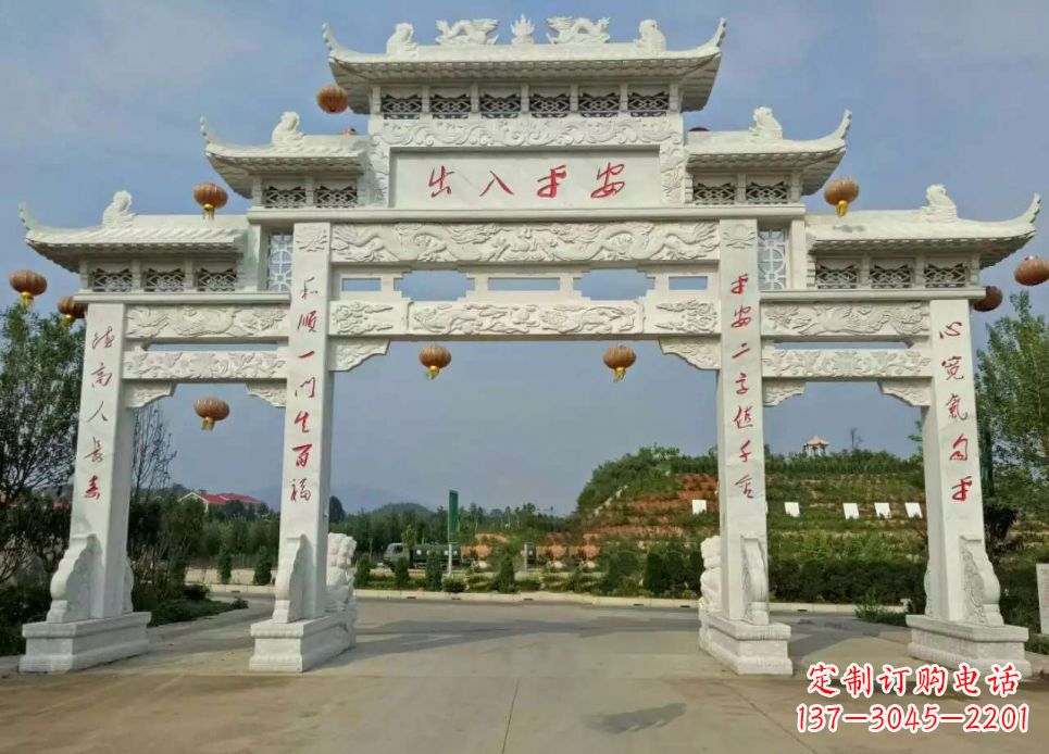 温州汉白玉三门石牌坊雕塑1