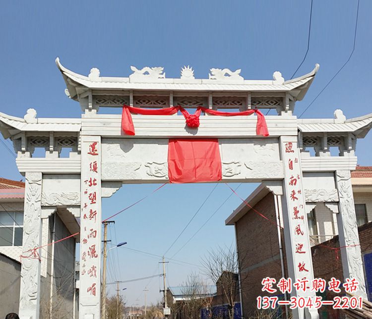 温州汉白玉三门石牌坊石雕