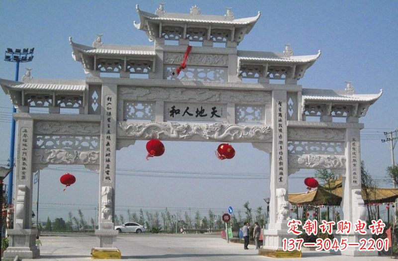 温州汉白玉三门五楼牌坊石雕