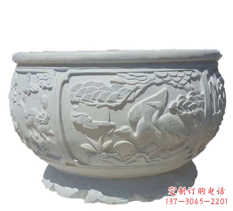 温州汉白玉松鹤延年浮雕水缸
