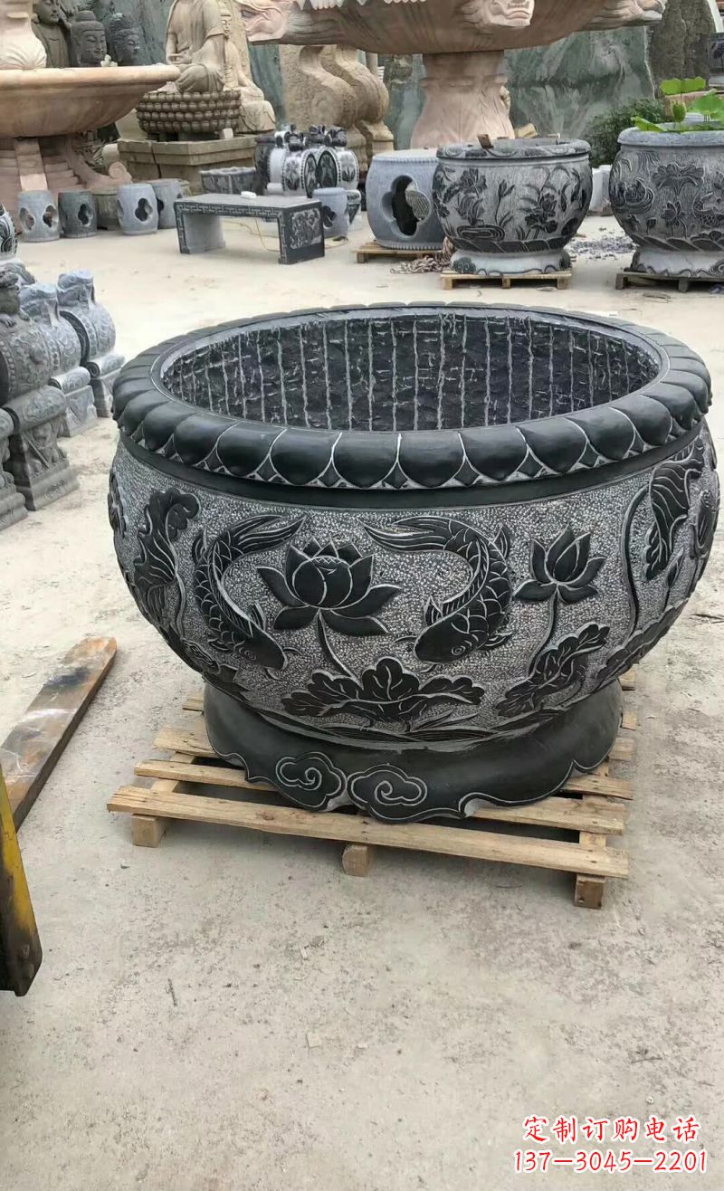 温州荷花鲤鱼石浮雕水缸
