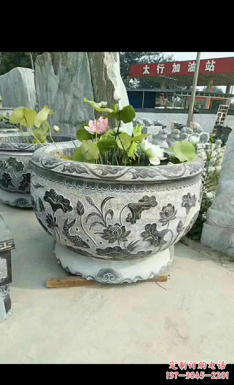 温州精美荷花鲤鱼石浮雕水缸