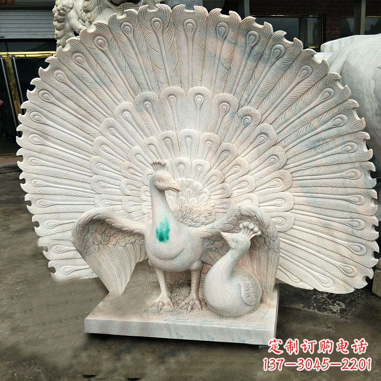 温州汉白玉孔雀雕塑,传统工艺精致塑造