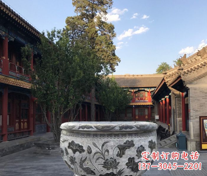 温州连年有鱼石浮雕圆形荷花水缸