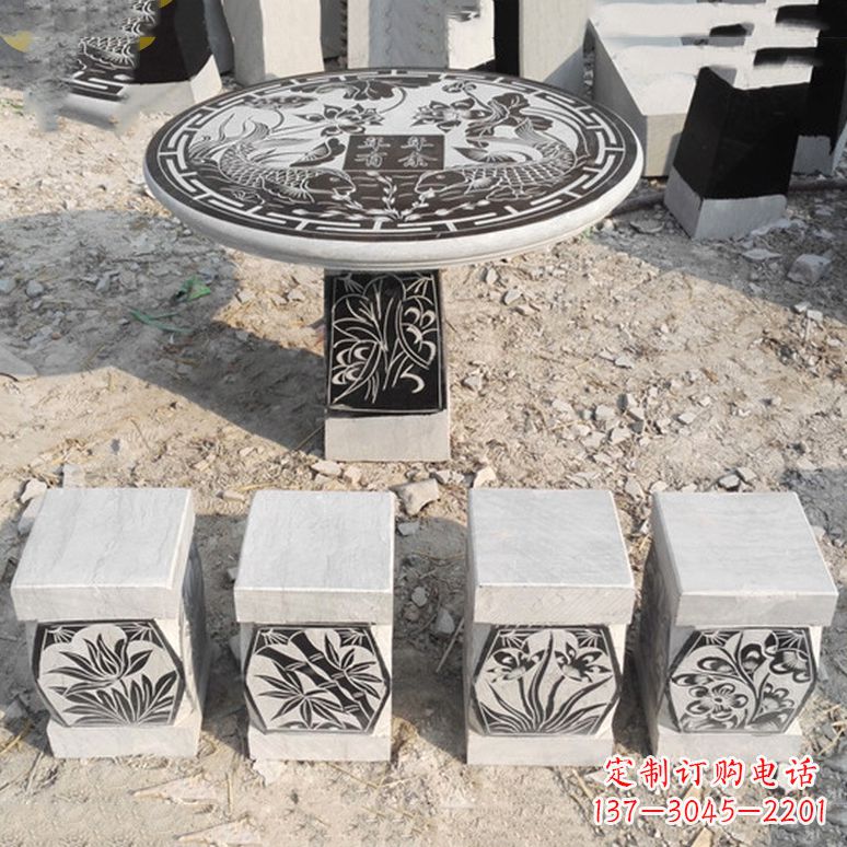 温州梅兰竹菊仿古方石桌凳雕塑,古朴典雅