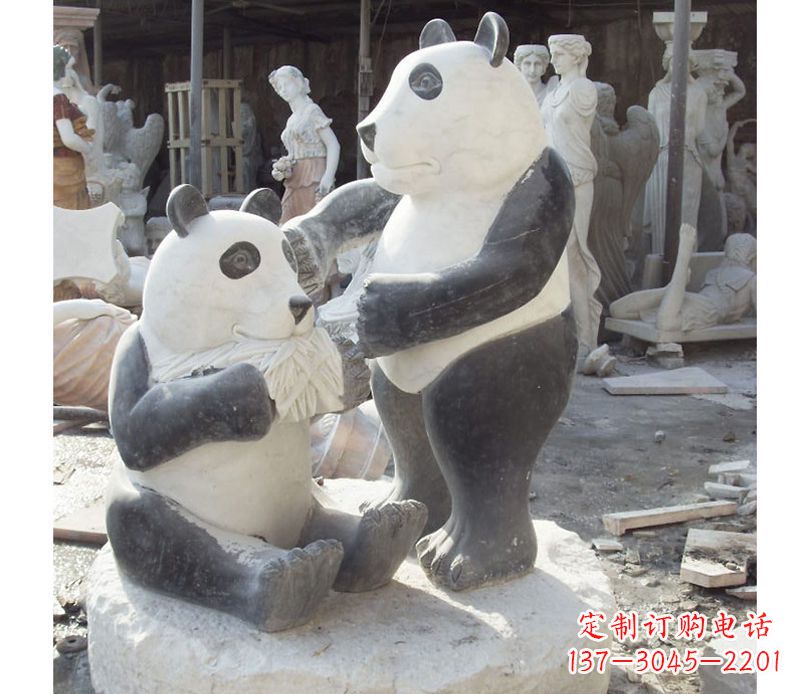 温州母子熊猫石雕,传达真挚的亲情