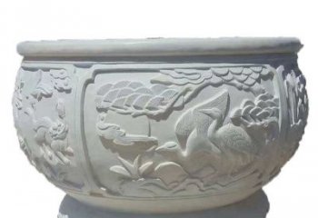 温州汉白玉松鹤延年浮雕水缸，带给您无尽的岁月美景