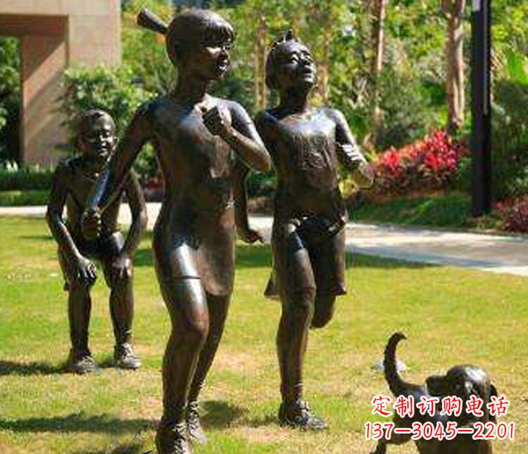 温州宁夏中领雕塑推出的儿童铜雕跑步遛狗,一款…