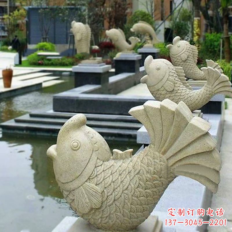 温州喷水鱼砂岩石雕-园林水池雕塑