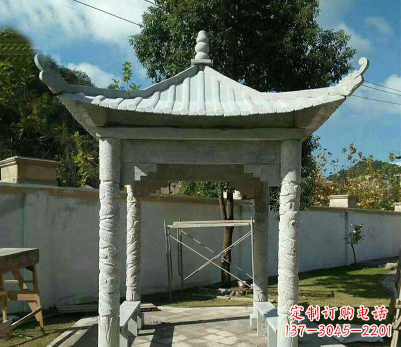 温州精美绝伦的青石单层四角凉亭雕塑