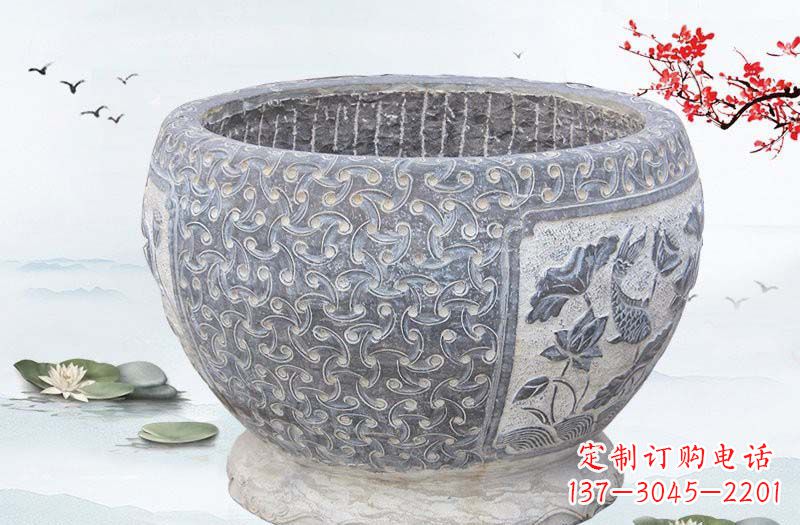 温州青石仿古鲤鱼浮雕水缸，精致雕塑设计