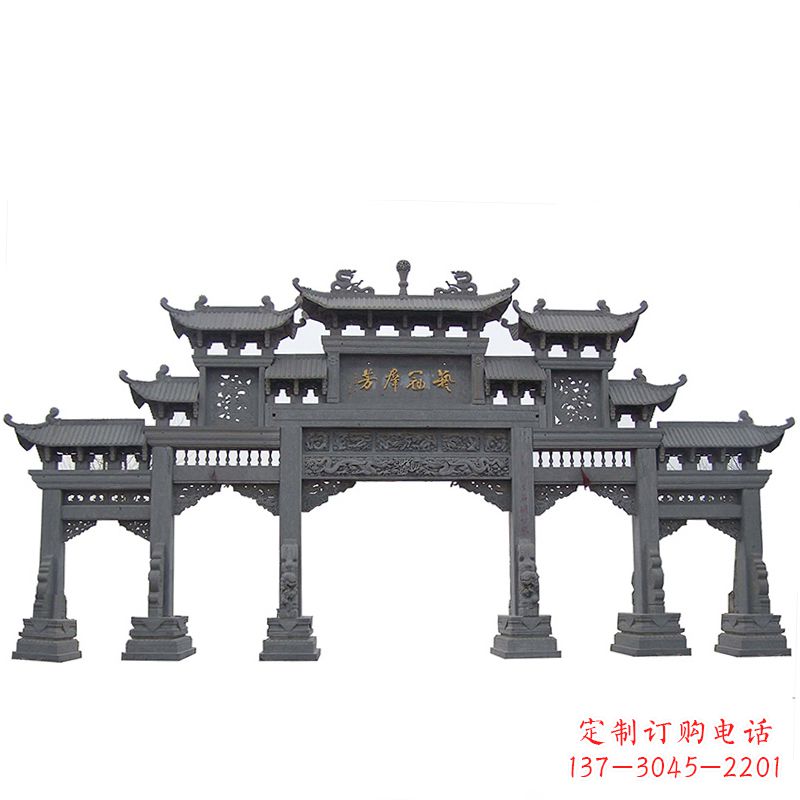 温州传承千年历史青石仿古五门石雕牌楼