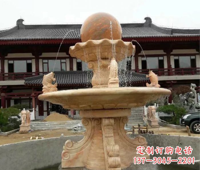 温州双层风水球喷泉晚霞红石雕