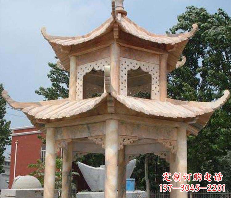 温州双层晚霞红凉亭石雕