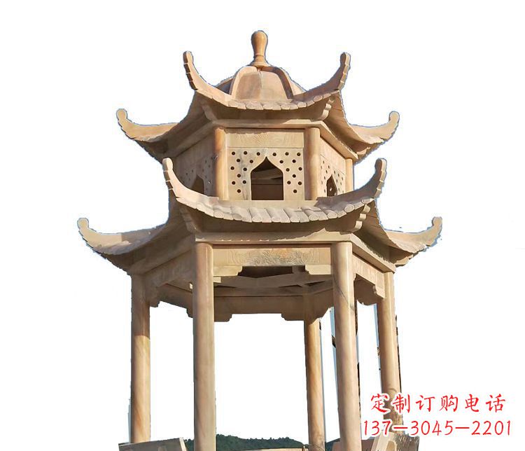 温州双层晚霞红凉亭石雕 (2)