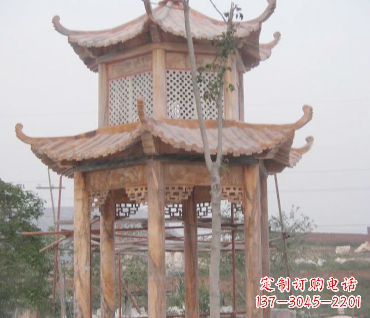 温州双层晚霞红石凉亭石雕 (2)