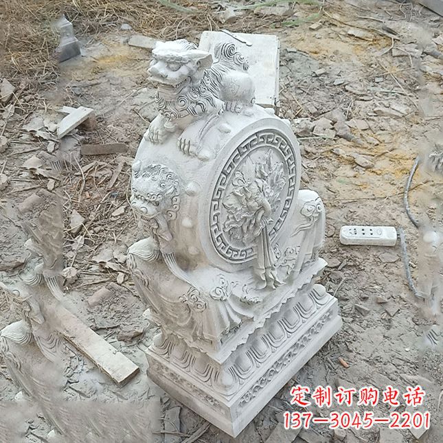 温州双龙石雕门墩汉白玉狮子头