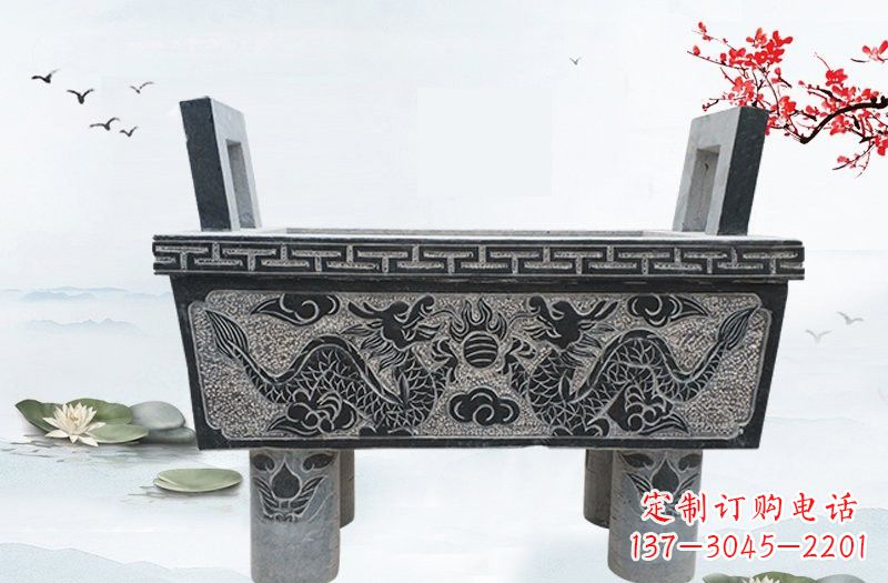 温州双龙戏珠浮雕石香炉