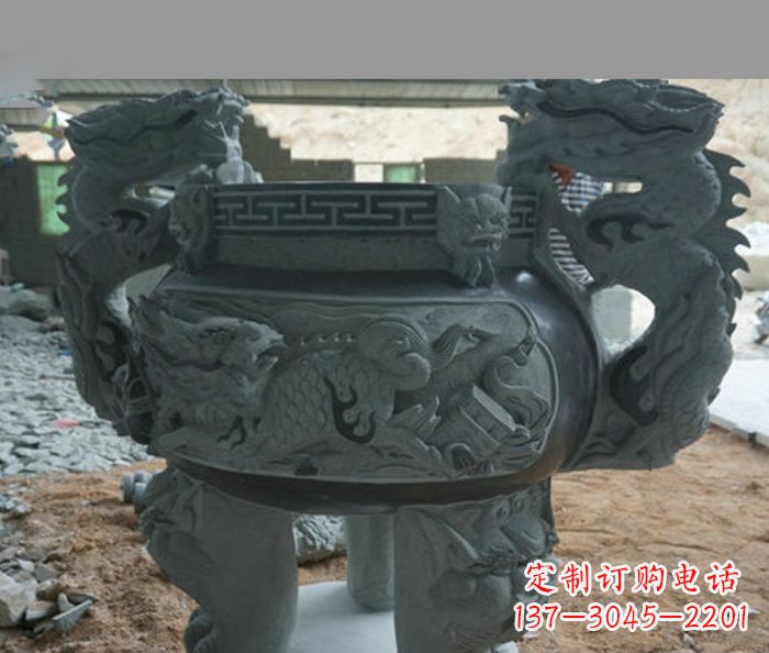 温州寺庙景观青石龙头香炉石雕