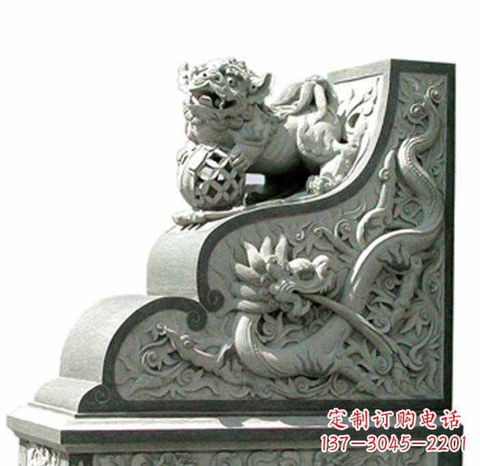 温州寺庙景观玩绣球狮子石雕门墩