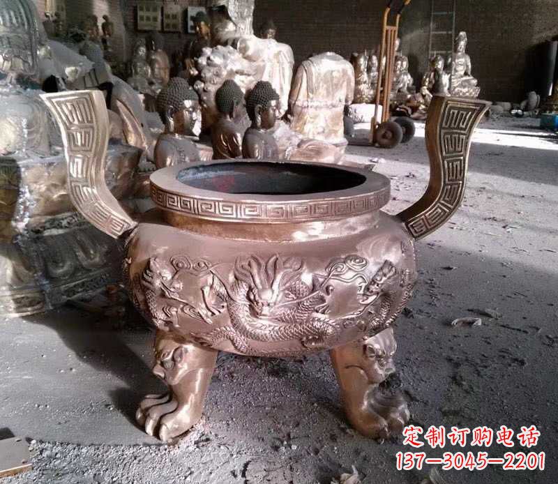 温州寺庙龙浮雕圆铜雕香炉