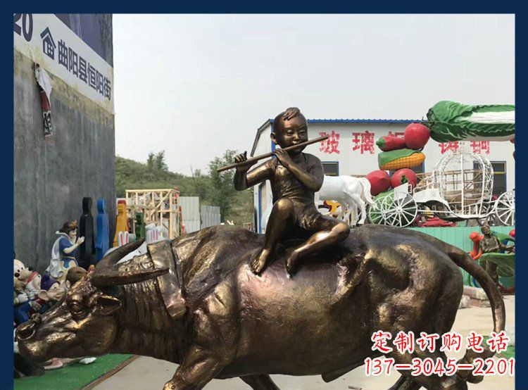 温州田园铜雕木头骑黄牛动物雕塑