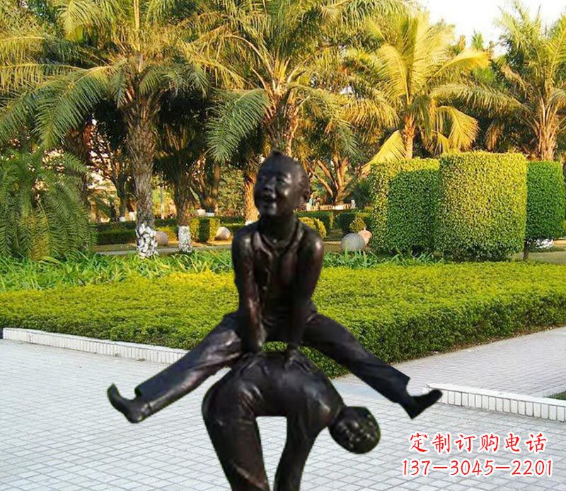 温州跳山羊的儿童铜雕