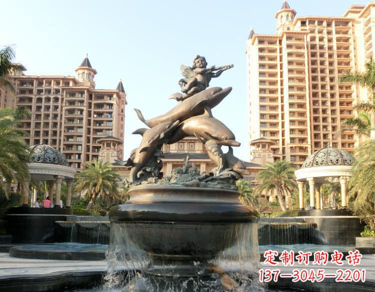 温州跳跃的海豚和小天使喷泉铜雕
