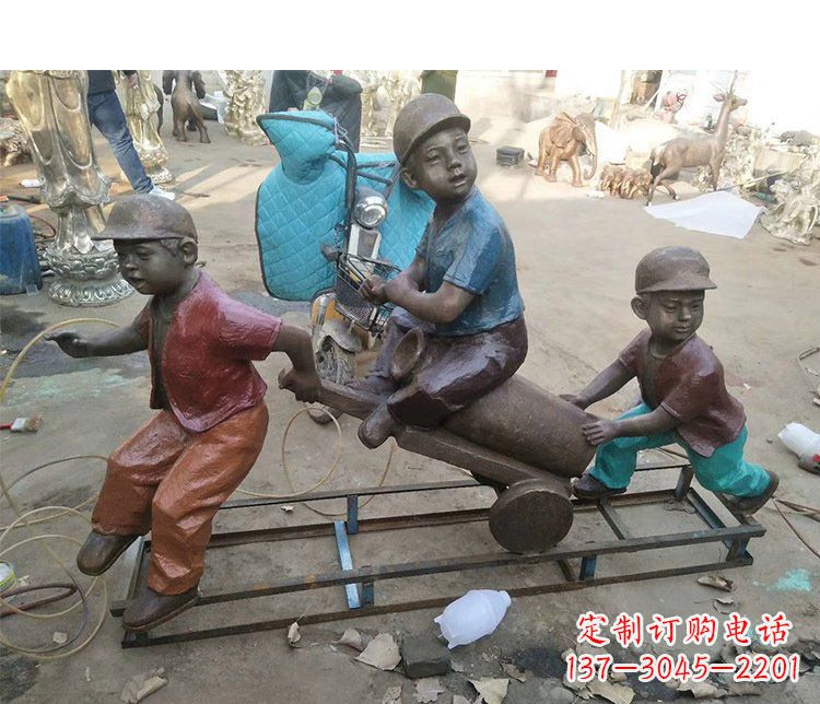 温州铜雕彩绘庭院玩耍儿童雕塑