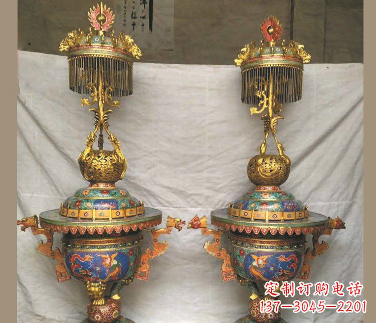 温州铜雕彩绘香炉景观摆件