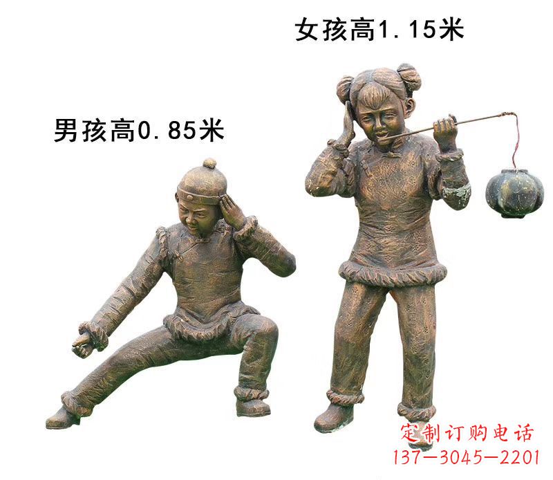 温州铜雕放鞭炮的儿童童趣雕塑